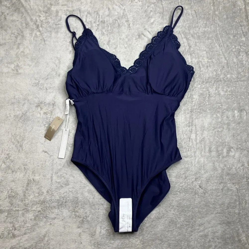 J.Crew Eyelet Lana one-piece Navy Blue Classic Sculpt CS552 Womens 16